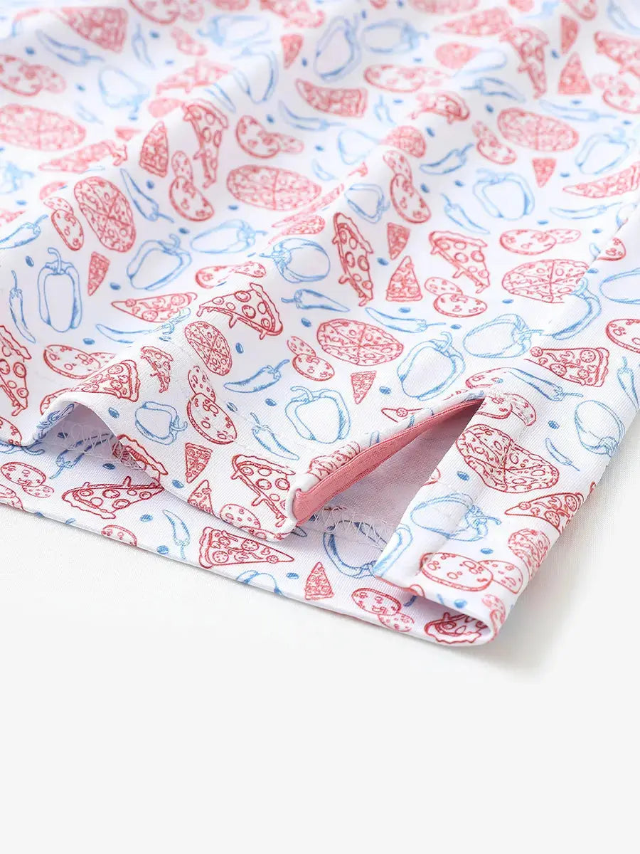 Hem slit detail of MAELREG Performance Jersey Print Polo in White Pizza – comfort & movement