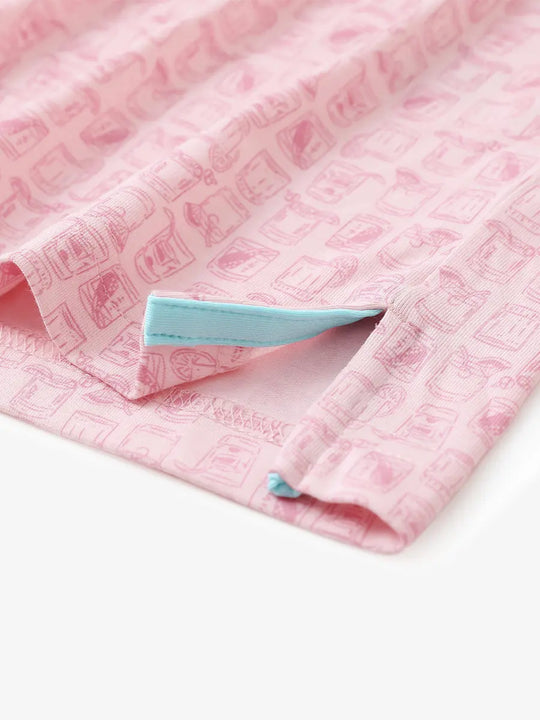 Hem slit detail of PINK WHISKEY GLASS Popular Heather Print Polo highlighting stitching and finish
