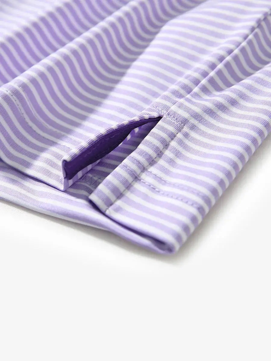 Close-up of hem slit on LAVENDER WHITE STRIPE shirt, tailored detail for stylish performance