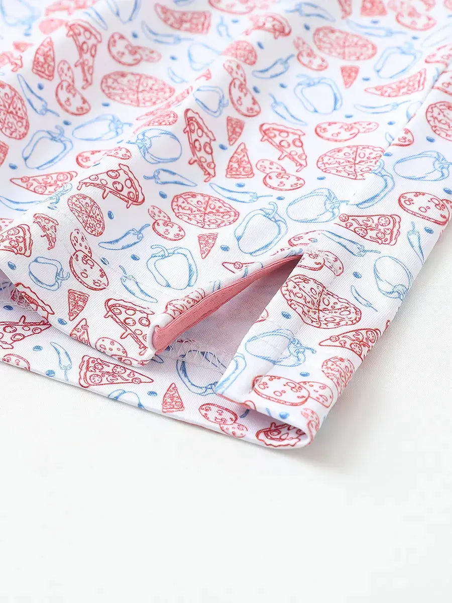 Detailed close-up of side hem slit on WHITE PIZZA Performance Print Boys Golf Polo for comfort