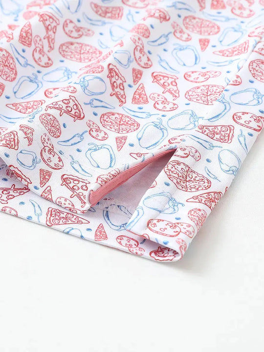 Detailed close-up of side hem slit on WHITE PIZZA Performance Print Boys Golf Polo for comfort