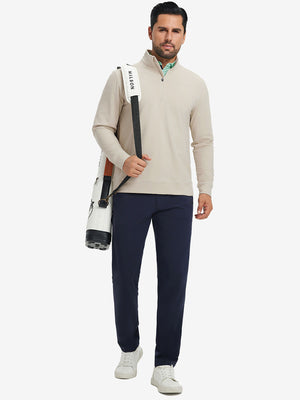 Ultra-Soft Brushed Fleece Lining Quarter Zip Sweatshirt in light khaki, model carrying tennis bag