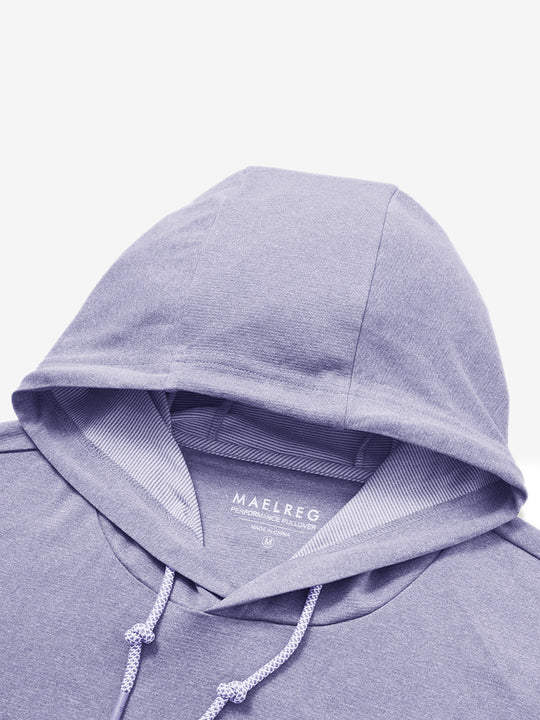 Hood detail of the classic heather pullover hoodie in light purple melange, showcasing fabric and stitching.