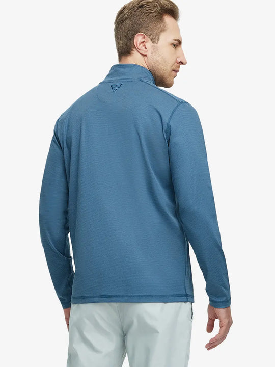 Back half-body view of model in Pinstripe Quarter Zip Pullover, showing back detail – DARK BLUE MELANGE