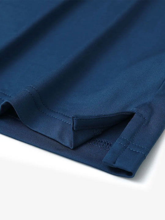Hem slit detail of Everyday Collarless Jersey Shirt in BLUE.