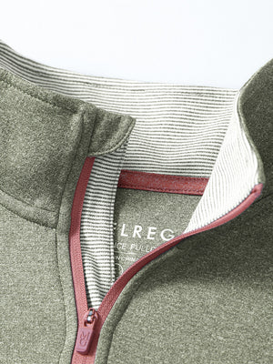Detail shot of collar opening of dark khaki melange moisture wicking quarter zip pullover