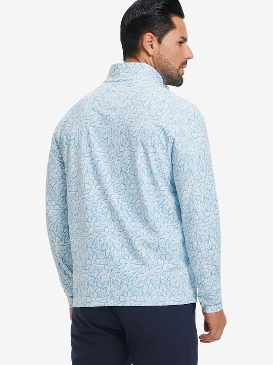 Back upper body angle of the blue artichoke full print quarter zip pullover, model turns head slightly.