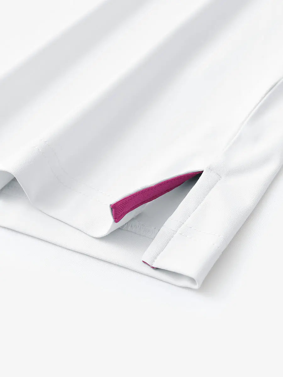 Hem slit detail of WHITE Stylish Chest Print Snap Polo highlighting stitching and finish