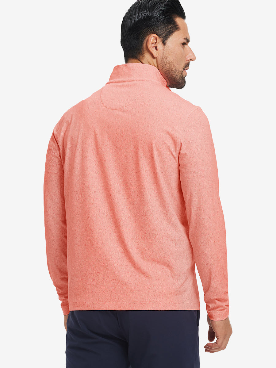 Back upper body angle of the red line full print quarter zip pullover, model turns head slightly.