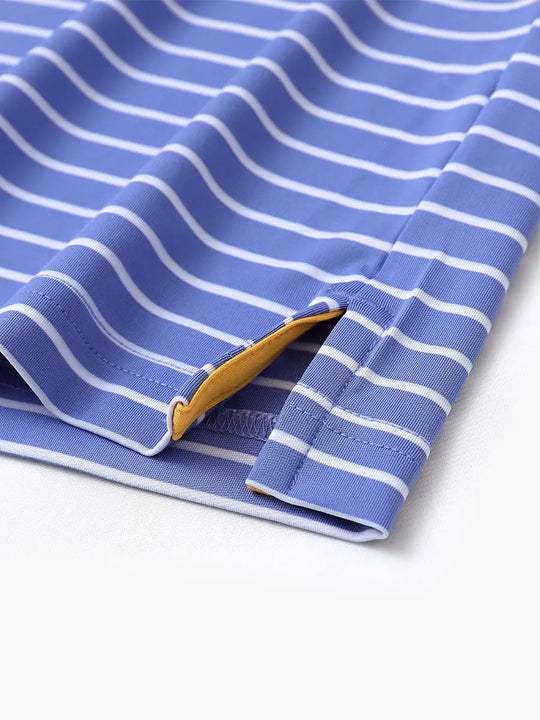 Close-up of side slit hem on BLUISH BLUE/WHITE STRIPE Polo — clean craftsmanship
