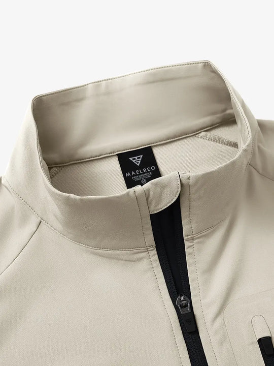 Detail view of the light khaki windproof golf vest, emphasizing the collar and zippered details.
