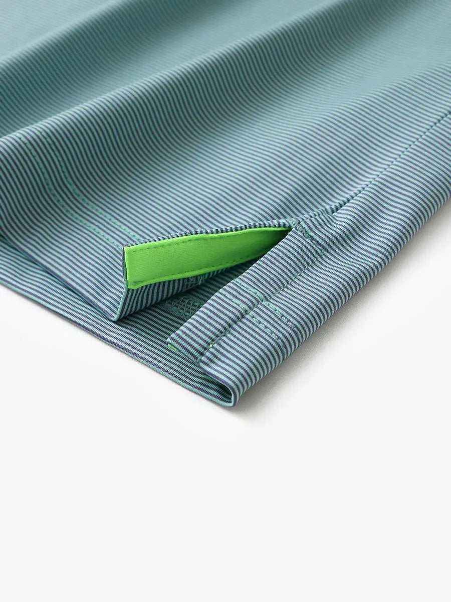 Hem slit detail of GREEN ASH STRIPE Pinstripe Jersey Performance Polo								
