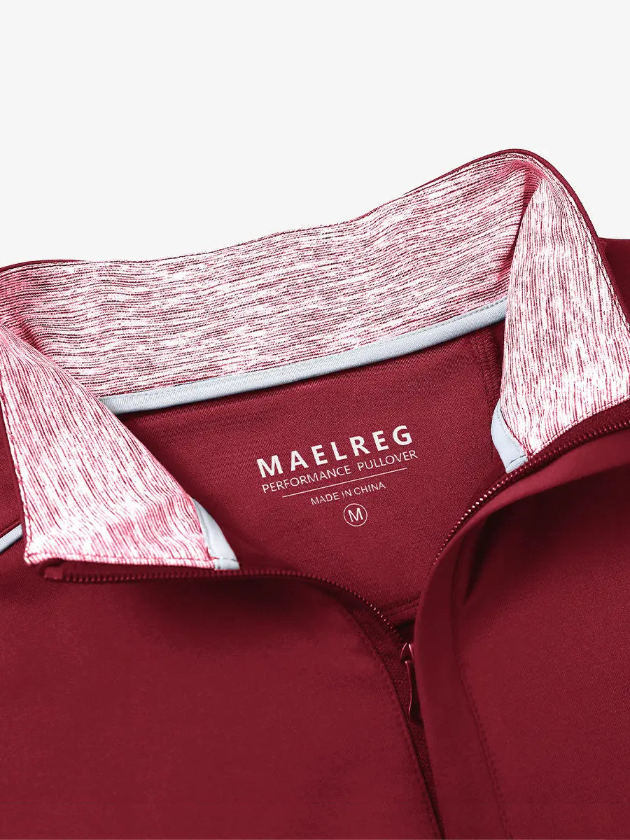 Close-up of collar and interior logo detail on RED Stretch Solid Fleece Quarter-Zip Vest.								
