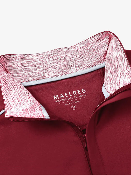 Close-up of collar and interior logo detail on RED Stretch Solid Fleece Quarter-Zip Vest.								
