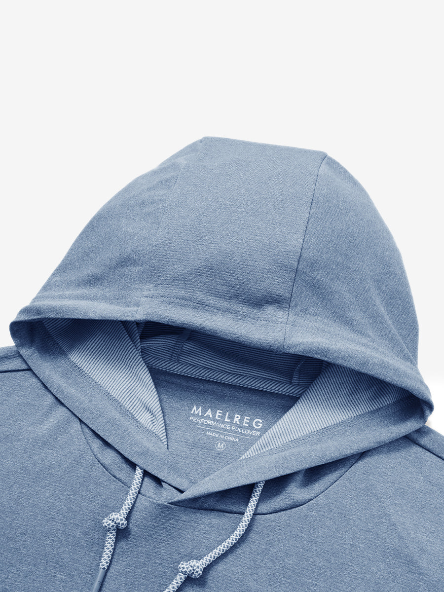 Hood detail of the classic heather pullover hoodie in colony blue melange, showcasing fabric and stitching.