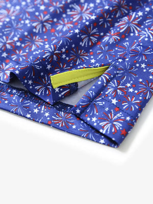 DetailsShowcasing the corner openings of the navy blue firework patterned model polo shirt, the patriotic sentiment blends seamlessly with golfing style.