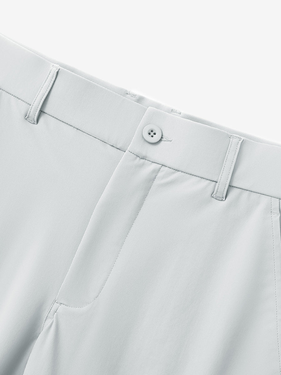 Close-up of front button detail on Quick Dry Casual Shorts in Glacier Grey, sturdy and simple.