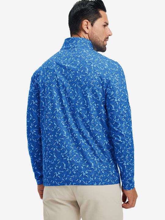 Back upper body angle of the line animal full print quarter zip pullover, model turns head slightly.