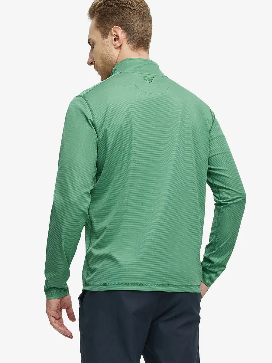 Back half-body view of model in Pinstripe Quarter Zip Pullover, showing back detail – GREEN MELANGE