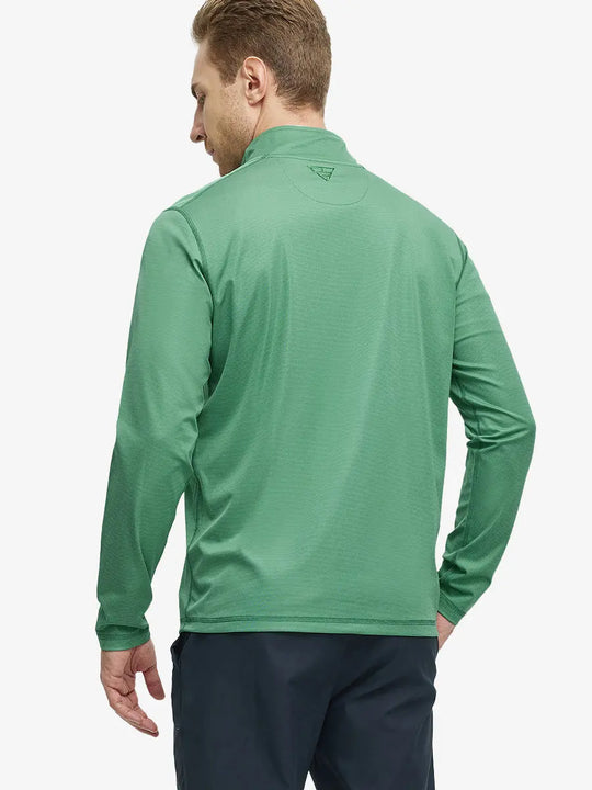 Back half-body view of model in Pinstripe Quarter Zip Pullover, showing back detail – GREEN MELANGE
