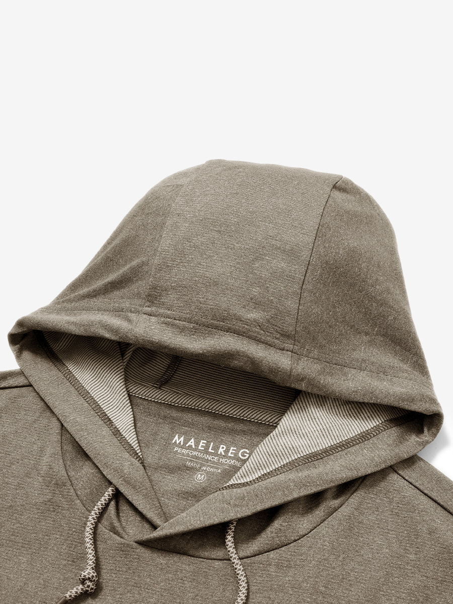 Hood detail of the classic heather pullover hoodie in brown melange, showcasing fabric and stitching.
