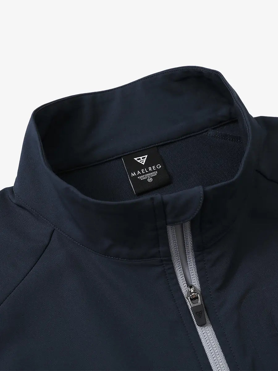 Detail view of the navy windproof golf vest, showcasing the collar design and zippered closure.