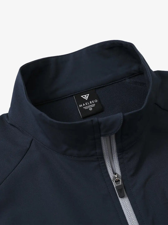 Detail view of the navy windproof golf vest, showcasing the collar design and zippered closure.