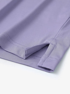 Hem slit detail of Everyday Collarless Jersey Shirt in LAVENDER.