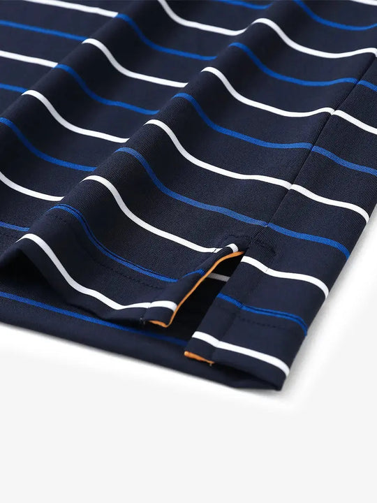 Hem slit detail of NAVY STRIPE Kids Stylish Stripe Polo Shirt, highlighting finish and stitching.