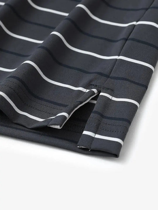 Hem slit detail of DARK GREY STRIPE Kids Stylish Stripe Polo Shirt, highlighting finish and stitching.