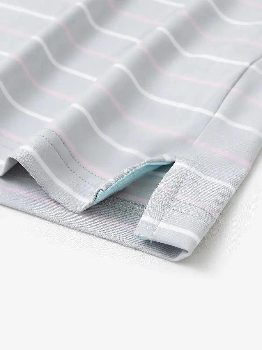 Hem slit detail of LIGHT GREY STRIPE Kids Stylish Stripe Polo Shirt, highlighting finish and stitching.