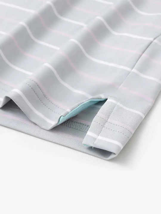 Hem slit detail of LIGHT GREY STRIPE Kids Stylish Stripe Polo Shirt, highlighting finish and stitching.