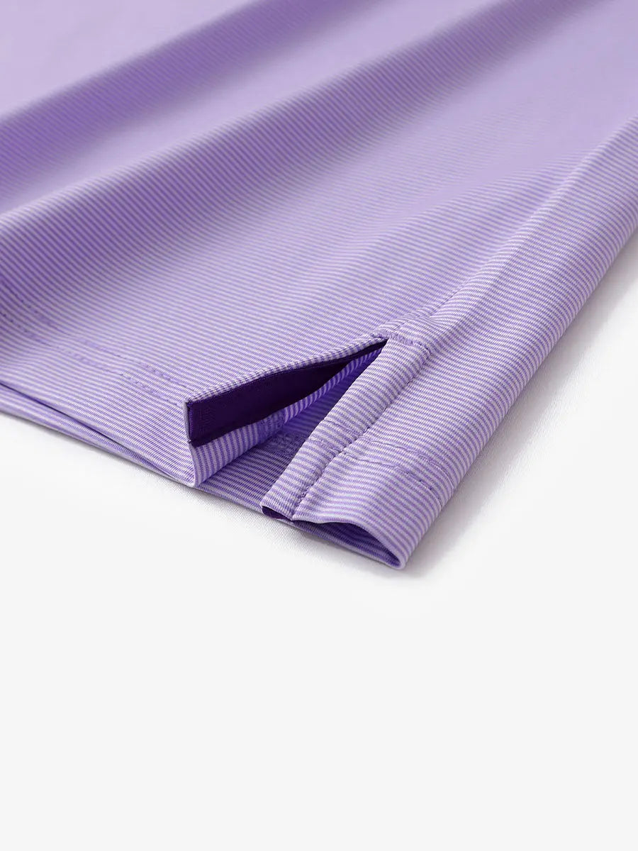 Hem slit detail of LAVENDER WHITE STRIPE Pinstripe Jersey Performance Polo								
