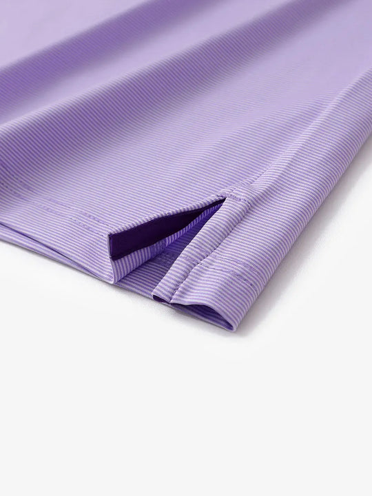 Hem slit detail of LAVENDER WHITE STRIPE Pinstripe Jersey Performance Polo								
