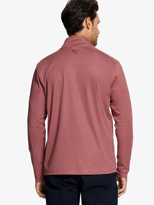 Back half-body view of model in Pinstripe Quarter Zip Pullover, showing back detail – BRICK MELANGE