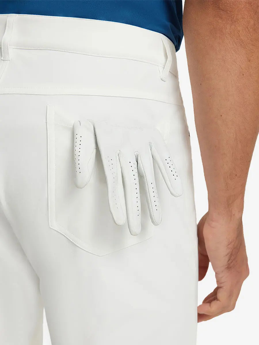 WHITE 4-way Stretch Performance Solid Shorts, back pocket holding golf glove, 9 Inch design