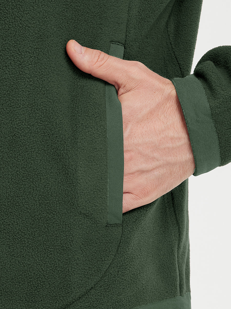 Hand in pocket detail of the Olive Green Quarter Zip Polar Fleece Sweatshirt, soft fleece fabric.