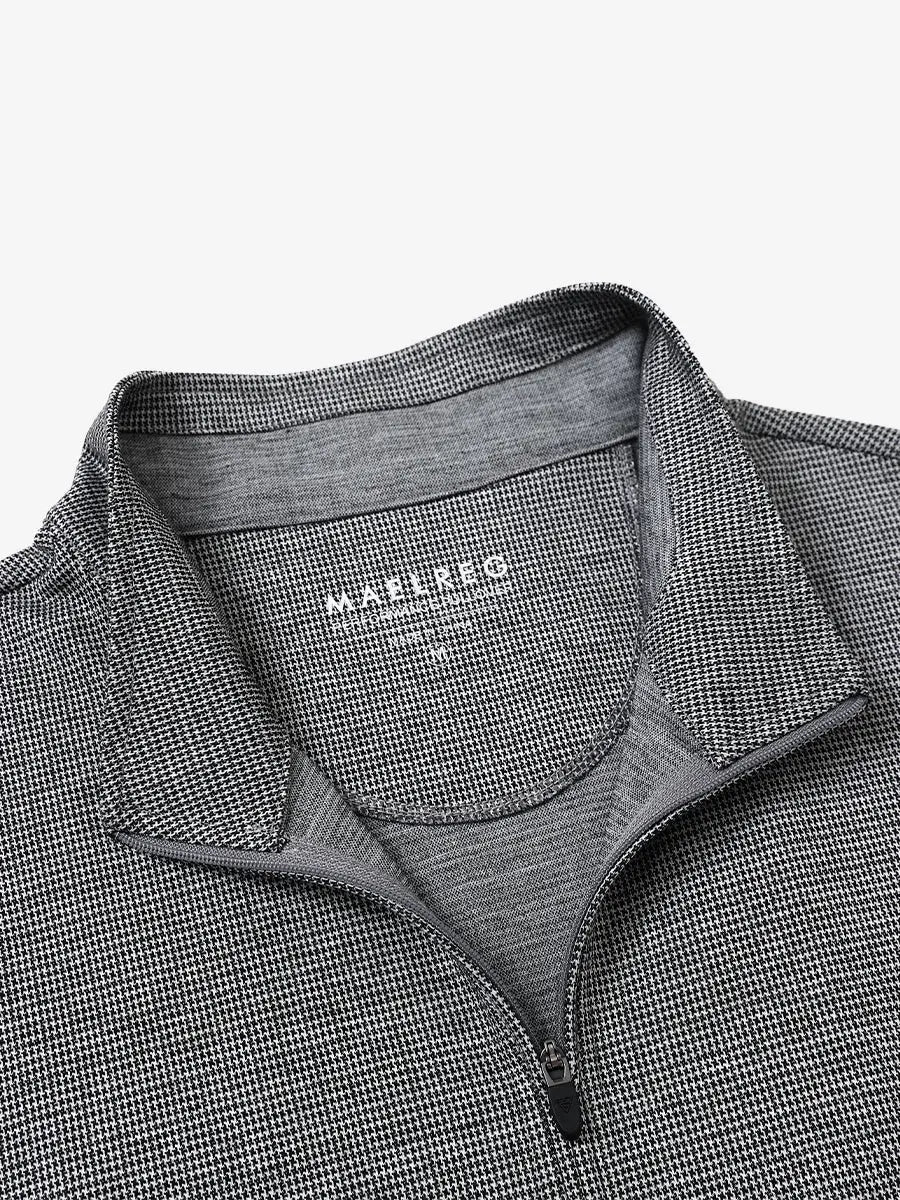 Close-up of collar and interior logo detail on BLACK HOUNDSTOOTH Premium Jacquard Quarter Zip Pullover.								
