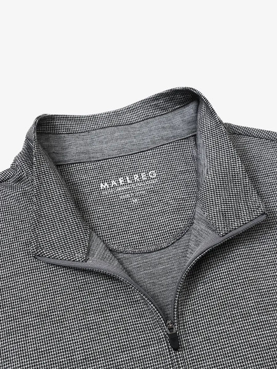 Close-up of collar and interior logo detail on BLACK HOUNDSTOOTH Premium Jacquard Quarter Zip Pullover.								
