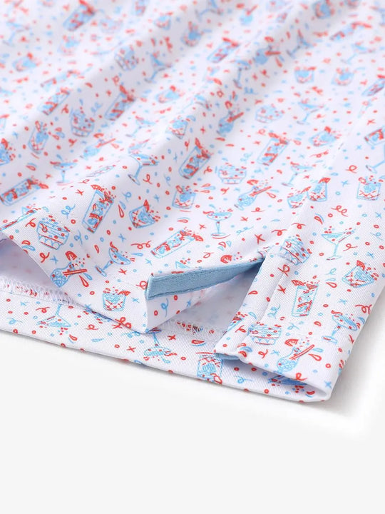 Hem slit detail of MAELREG Performance Jersey Print Polo in Beverage Glass – comfort & movement