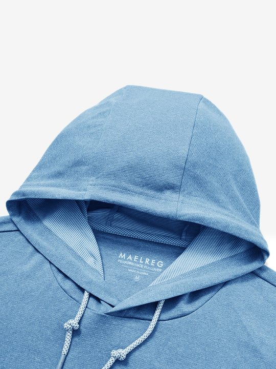 Hood detail of the classic heather pullover hoodie in light blue melange, showcasing fabric and stitching.