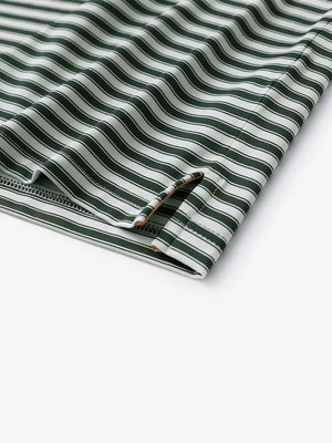 Detailed shot of the hem slit on the Olive Green White Yarn Dyed Stripe Polo – clean finish touch