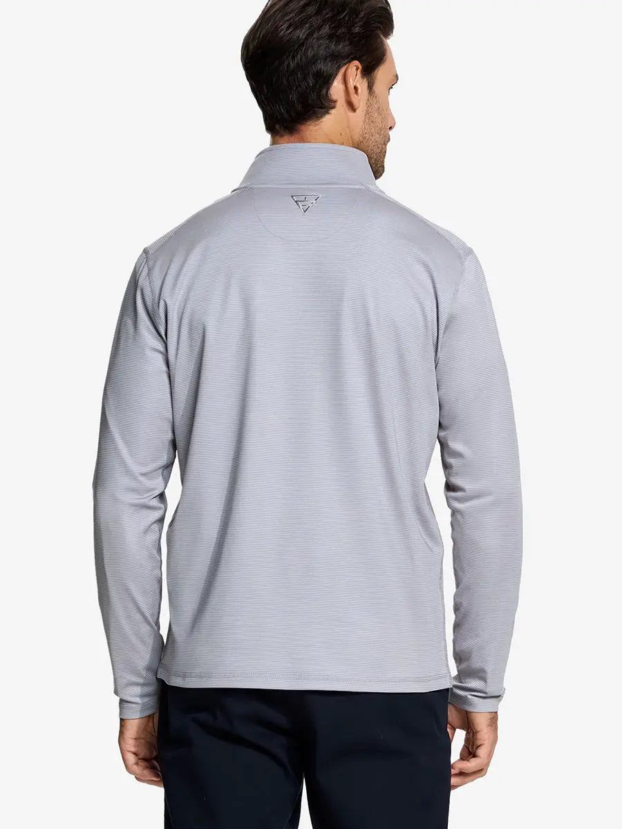 Back half-body view of model in Pinstripe Quarter Zip Pullover, showing back detail – GREY MELANGE