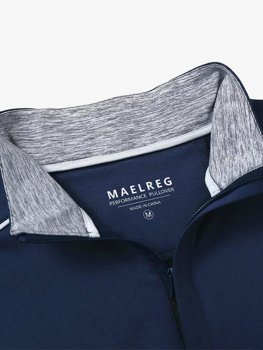 Close-up of collar and interior logo detail on NAVY Stretch Solid Fleece Quarter-Zip Vest.								
