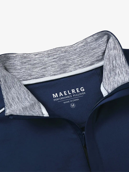 Close-up of collar and interior logo detail on NAVY Stretch Solid Fleece Quarter-Zip Vest.								
