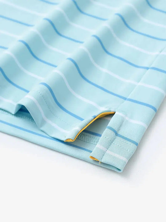 Hem slit detail of ICED AQUA STRIPE Kids Stylish Stripe Polo Shirt, highlighting finish and stitching.