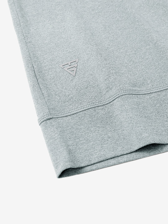 Hem detail of quarter zip melange pullover lunar rock melange with small maelreg logo.