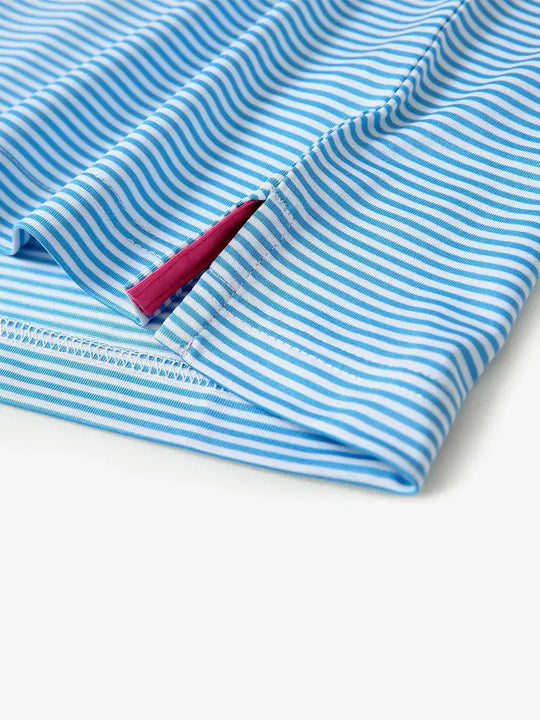 Detailed view of side hem slit on Cooling Stripe Golf Shirt in SKY BLUE STRIPE, showing comfort and design