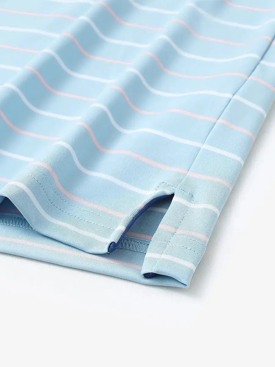 Hem slit detail of MISTY BLUE STRIPE Kids Stylish Stripe Polo Shirt, highlighting finish and stitching.