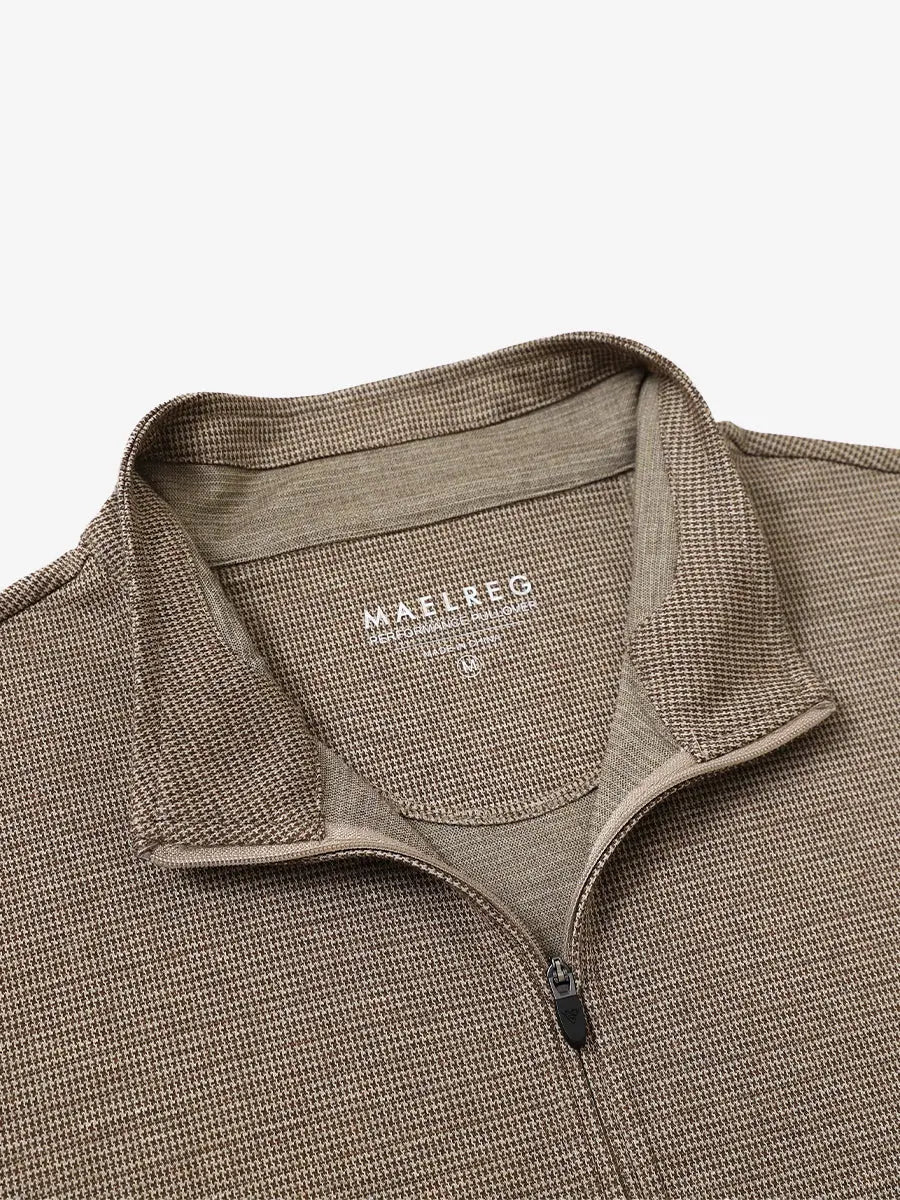 Close-up of collar and interior logo detail on BROWN HOUNDSTOOTH Premium Jacquard Quarter Zip Pullover.								
